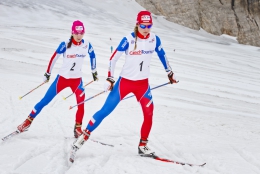 Eva Vrabcová Nývltová a Petra Nováková při soustředění na Dachsteinu