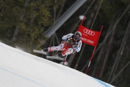 Ondřej Bank ještě v oficiálním tréninku sjezdu v Beaver Creek, jak prozrazuje číslo 54.